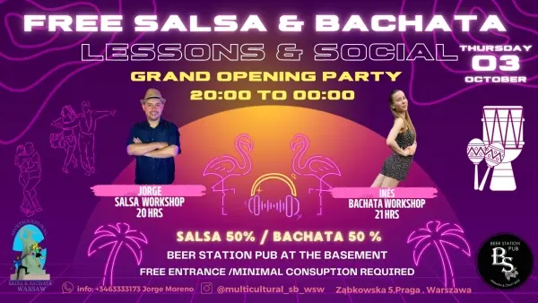  FREE INDOORS SALSA & BACHATA LESSONS AND SOCIAL DANCE